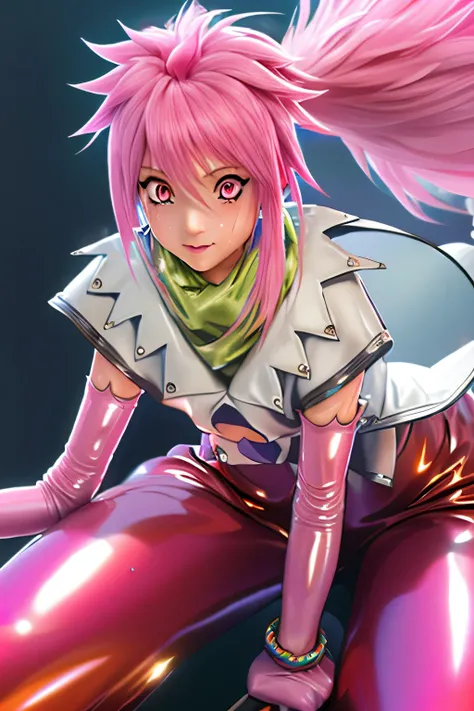 [[[NSFW]]]　perfect anatomy　Highest Quality,highest resolution,(((shiny latex white clothes　shiny pink loose pants　shiny pink hair　Ponytail　Red Eyes　sweat　shiny skin)))　Tales of Fantasia　Arche 