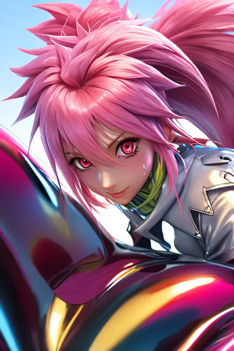 [[[NSFW]]]　perfect anatomy　Highest Quality,highest resolution,(((shiny latex white clothes　shiny pink loose pants　shiny pink hair　Ponytail　Red Eyes　sweat　shiny skin)))　Tales of Fantasia　Arche 