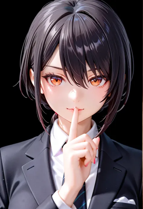 A close up of a woman in a suit posing for a photograph., black suit 