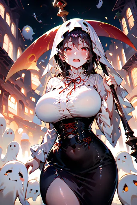 score_9_up,score_8_up,score_7_up,score_6_up,score_5_up,score_4_up,(((1 girl))),(((solo))),(((ghost girl))),(black ghost costume ),(milf), thick eyebrows, droopy eyes,red eyes,(mature female),(((open eyes))),(crying),big breasts,(((curvy))),open mouth,(((lo...