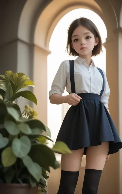 (1 cute girl),(big boobs:-0.46),Look at the audience,(skinny:1.21),(smile:0.42),(younger:1.30),maids,from below,に付けたmy left hand is touching my crotch,(The wind is rolling up the girl's skirt:1.5),my left hand is touching my crotch