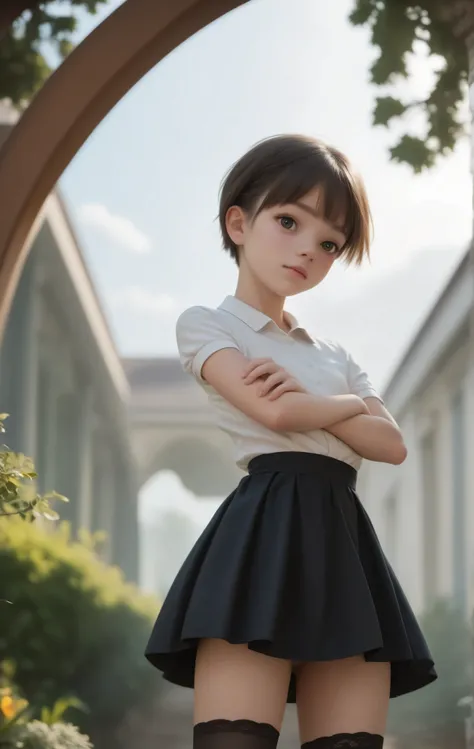 (1 cute girl),(big boobs:-0.46),Look at the audience,(skinny:1.21),(smile:0.42),(younger:1.30),maids,from below,に付けたmy left hand is touching my crotch,(The wind is rolling up the girl's skirt:1.5),my left hand is touching my crotch