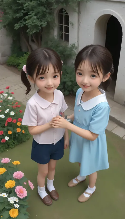 1 Girl、maids,Look at the audience,(skinny:0.30),(younger:1.24),from above,lean forward,is watering flowers outside the mansion,japanese,(smile Yang:0.92),My left hand is touching my crotch