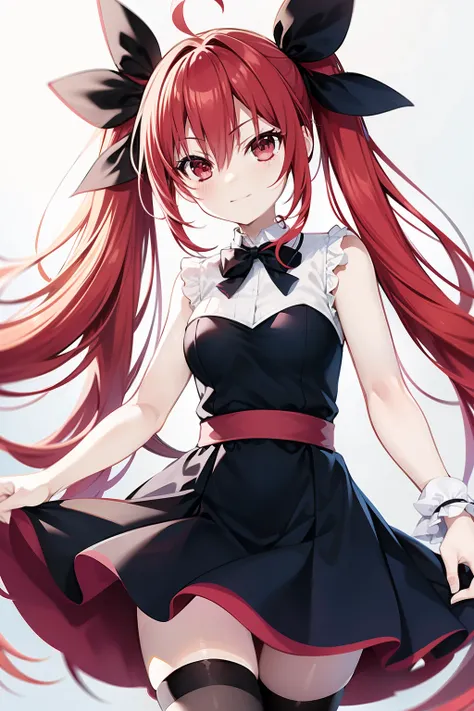 anime girl, alone, red hair, Medium breast, Shaded dress, blue dress, skirt, a black bow and a white bow on her hair, long hair, tights, smug