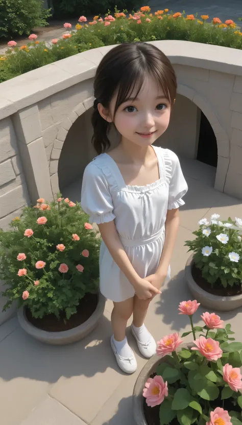 1 Girl、maids,Look at the audience,(skinny:0.30),(younger:1.24),from above,lean forward,is watering flowers outside the mansion,japanese,(smile Yang:0.92),My left hand is touching my crotch