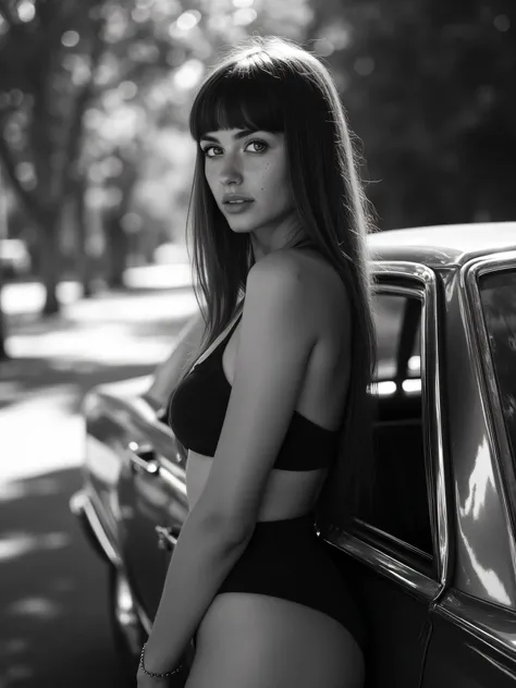 Ultra‑realistic black‑and‑white street portrait, vertical 2:3. An adult woman seen from behind, leaning into the open driver‑side window of a vintage 1970s sedan parked on a tree‑lined street. She turns her head over her shoulder toward the camera, reveali...