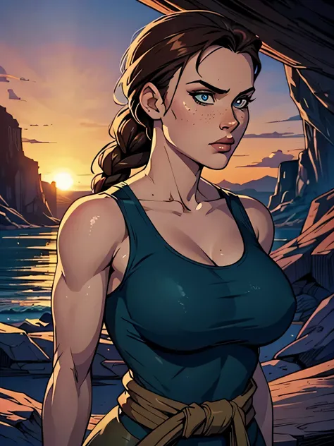 Melhor qualidade, obra de arte, (realista: 1.2) Close up of a thin and athletic woman (Lara Croft), 25 anos, 16k (( high definition )), looking serious, olhar sedutor ((looking at the spectator)), olhos marrons, wearing a fitted teal regatta (( decote em ...