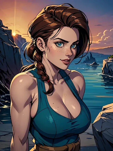 Melhor qualidade, obra de arte, (realista: 1.2) Close up of a thin and athletic woman (Lara Croft), 25 anos, 16k (( high definition )), sorriso misterioso, olhar sedutor ((looking at the spectator)), olhos marrons, wearing a fitted teal regatta (( decote e...