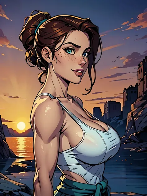 Melhor qualidade, obra de arte, (realista: 1.2) Close up of a thin and athletic woman (Lara Croft), 25 anos, 16k (( high definition )), sorriso lindo, olhar sedutor ((looking at the spectator)), olhos marrons, wearing a fitted teal regatta (( decote em v, ...