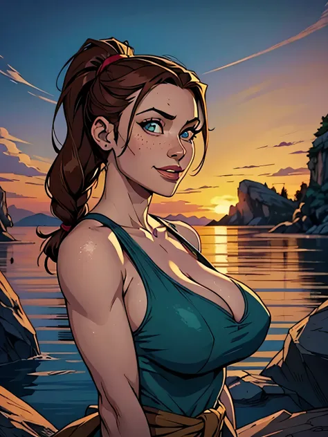 Melhor qualidade, obra de arte, (realista: 1.2) Close up of a thin and athletic woman (Lara Croft), 25 anos, 16k (( high definition )), sorriso lindo, olhar sedutor ((looking at the spectator)), olhos marrons, wearing a fitted teal regatta (( decote em v, ...