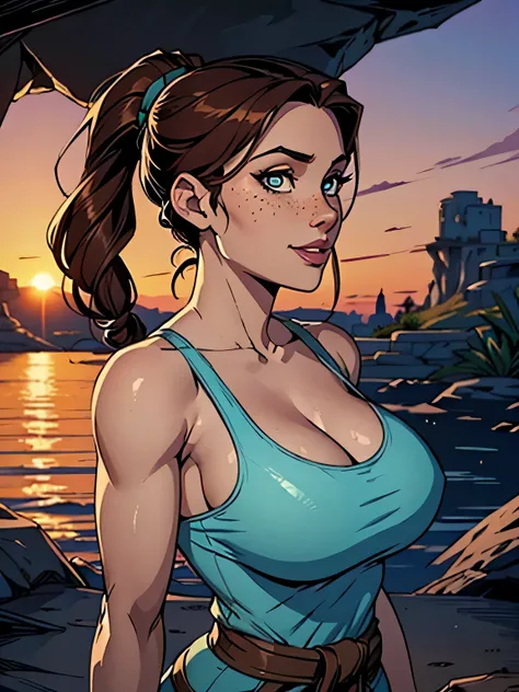 Melhor qualidade, obra de arte, (realista: 1.2) Close up of a thin and athletic woman (Lara Croft), 25 anos, 16k (( high definition )), sorriso lindo, olhar sedutor ((looking at the spectator)), olhos marrons, wearing a fitted teal regatta (( decote em v, ...