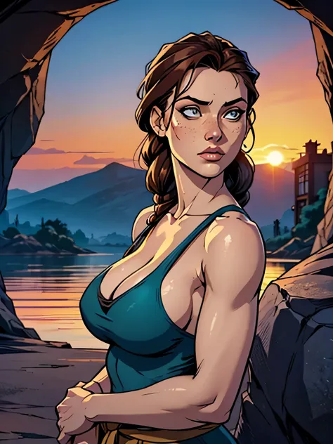 Melhor qualidade, obra de arte, (realista: 1.2) Close up of a thin and athletic woman (Lara Croft), 25 anos, 16k (( high definition )), semblante pensativo, olhar sedutor ((looking at the spectator)), olhos marrons, wearing a fitted teal regatta (( decote ...