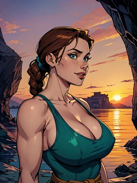 Melhor qualidade, obra de arte, (realista: 1.2) Close up of a thin and athletic woman (Lara Croft), 25 anos, 16k (( high definition )), sorriso lindo, olhar sedutor ((looking at the spectator)), olhos marrons, wearing a fitted teal regatta (( decote em v, ...