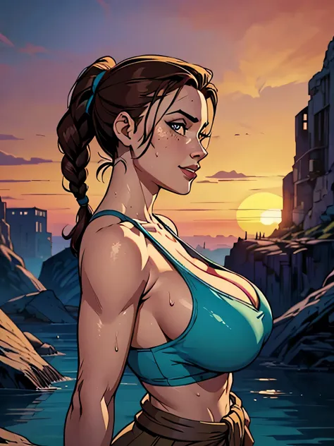 Melhor qualidade, obra de arte, (realista: 1.2) Close up of a thin and athletic woman (Lara Croft), 25 anos, 16k (( high definition )), sorriso lindo, olhar sedutor ((looking at the spectator)), olhos marrons, wearing a fitted teal regatta (( decote em v, ...