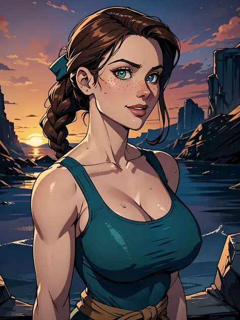 Melhor qualidade, obra de arte, (realista: 1.2) Close up of a thin and athletic woman (Lara Croft), 25 anos, 16k (( high definition )), sorriso lindo, olhar sedutor ((looking at the spectator)), olhos marrons, wearing a fitted teal regatta (( decote em v, ...