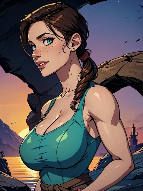 Melhor qualidade, obra de arte, (realista: 1.2) Close up of a thin and athletic woman (Lara Croft), 25 anos, 16k (( high definition )), sorriso lindo, olhar sedutor ((looking at the spectator)), olhos marrons, wearing a fitted teal regatta (( decote em v, ...