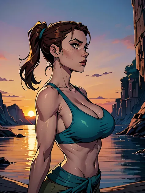 Melhor qualidade, obra de arte, (realista: 1.2) Close up of a thin and athletic woman (Lara Croft), 25 anos, 16k (( high definition )), sighing look, olhar sedutor ((looking at the spectator)), olhos marrons, wearing a fitted teal regatta (( decote em v, ...