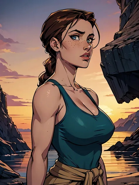 Melhor qualidade, obra de arte, (realista: 1.2) Close up of a thin and athletic woman (Lara Croft), 25 anos, 16k (( high definition )), sighing look, olhar sedutor ((looking at the spectator)), olhos marrons, wearing a fitted teal regatta (( decote em v, ...