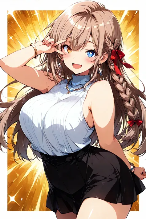 large breasted older sister, anime, (masterpiece, detailed:1.2), best quality, ultra-detailed, finely detail, high resolution, beautiful detailed eyes, from side, (one mature female:1.2), (double v over eye), standing, dynamic lighting, smug, open mouth, b...