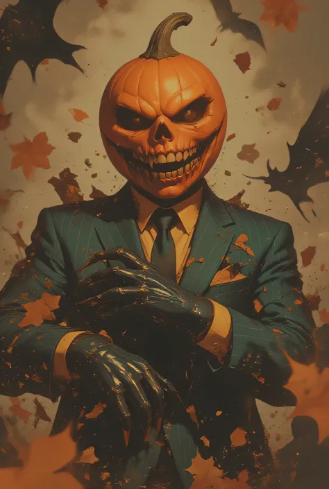 fluxlisimo_aura,This is a digital illustration in a comic book style, featuring a menacing Jack-o'-lantern-headed figure. The pumpkin head has a wide, sinister grin with black, empty eye sockets. The figure is dressed in a tattered, dark green pinstriped s...