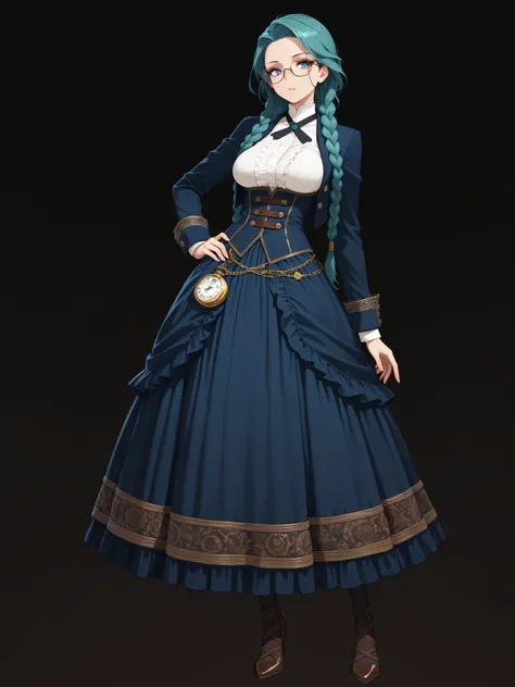 steampunk_costume,Masterpiece, best quality, woman, mature, tall, full body, standing, elegant, slim, beautiful, exotic, medium breasts, (teal hair), long hair, two long braids, blue eyes, wearing glasses, white high collar blouse, cross tie, dark blue (Vi...
