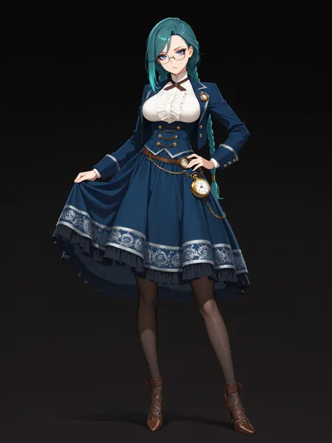 steampunk_costume,Masterpiece, best quality, woman, mature, tall, full body, standing, elegant, slim, beautiful, exotic, medium breasts, (teal hair), long hair, two long braids, blue eyes, wearing glasses, white high collar blouse, cross tie, dark blue (Vi...