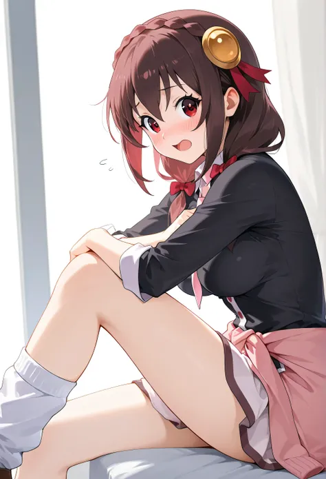 Yunyun konosuba,Crimson Eyes,is embarrassing、blush、happy、Open His Mouth、 noon、school、Highest Quality,(wrap pink cardigan around waist),(rolled up white blouse),(loose socks)、Look to the side、side view,no tie