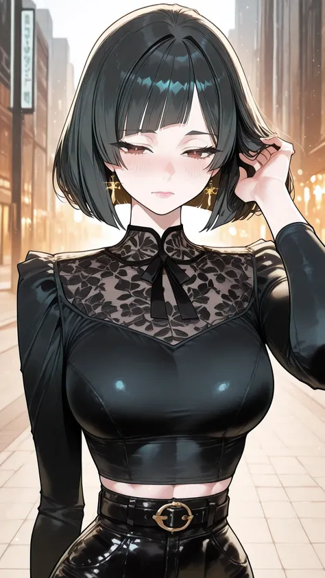 <lora:za-v4-ixl-style-soralz:1>, za style,Kenorland,((1girl), (solo), sexy, tall female, long legs, slender, aesthetic, pink lips, beautiful, pin-up, (black hair, (blunt bob hair—ends are cut straight across just above the shoulders, with no layering), (st...