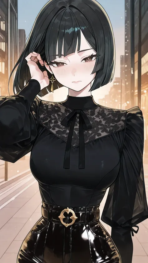 <lora:za-v4-ixl-style-soralz:1>, za style,Kenorland,high detail, r17329_illu, , , , usnr,z3zz4,,((1girl), (solo), sexy, tall female, long legs, slender, aesthetic, beautiful, pin-up, (black hair, (blunt bob hair—ends are cut straight across just above the ...