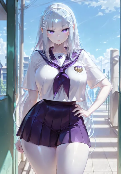 safe_pos, 1girl, Balecxi_Style, Emilia \(Re Zero)\, solo female, no background, visual novel sprite, day time, standing, big breasts, silver hair, long hair, purple eyes, curvy, thick thighs, long legs, school uniform, mini skirt, bare legs, elf, elf ears,...