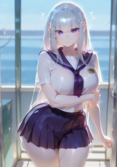 safe_pos, 1girl, Balecxi_Style, Emilia \(Re Zero)\, solo female, no background, visual novel sprite, day time, standing, standing straight, big breasts, silver hair, long hair, purple eyes, curvy, thick thighs, long legs, school uniform, mini skirt, bare l...