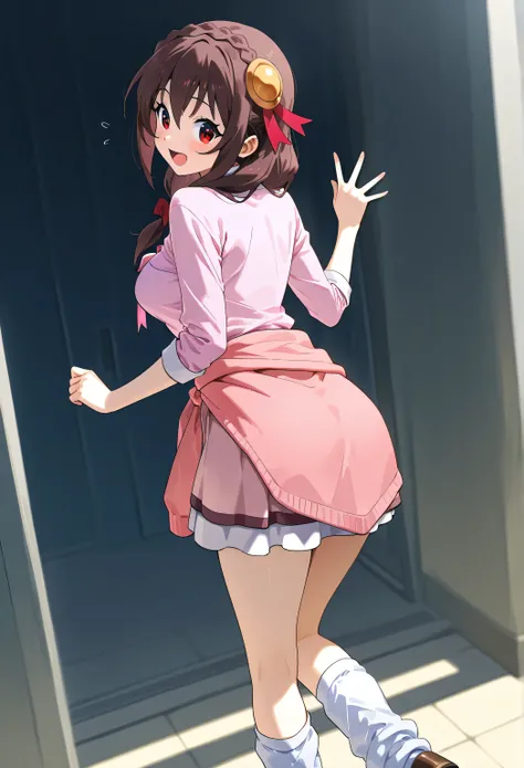 Yunyun konosuba,Crimson Eyes,、blush、very happy、Open His Mouth、 noon、school、Highest Quality,(wrap pink cardigan around waist),(rolled up pink blouse),(loose socks)、side view、See viewer, look back,turn around