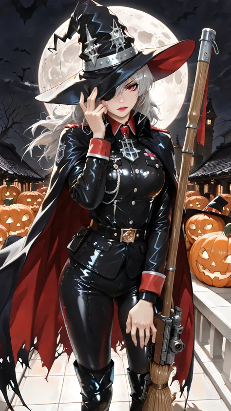 (masterpiece:1.5), (best quality:1.5), (photorealistic illustration:1.4), character concept art, dramatic atmosphere.

(((Major Hecate, the "One-Eyed" ace of the 13th Witch Air Cavalry Regiment))).
Standing on a gothic rooftop on Halloween night. A beautif...