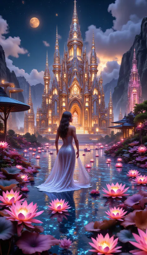 curvy woman with summer dress, majestic chrome palace with intricate faceted towers floating in bg, captivating ethereal beauty emerges in dynamic profile from the middle of an enchanted lake, surrounded by vibrantly glowing water lilies & glowing fireflie...