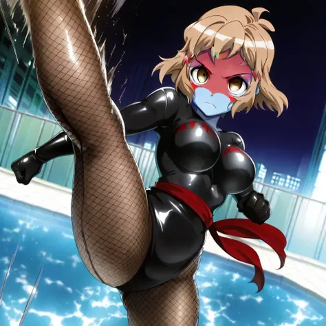 dark persona, shocker, blue skin, colored skin, makeup, red skin, tachibanahibiki, short hair, hairclip, brown hair, hairclip, brown eyes, serious