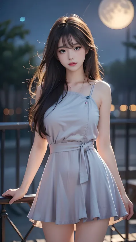 1 girl, 19 years old, ((city in Vietnam)), dark brown hair, purple eyes, hair ornament, ((cowboy photo)), ((Beautiful lonely woman standing under bright full moon, night wind blowing her hair, sad dreamy expression, cinematic lighting, soft bokeh, misty at...