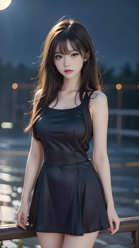 1 girl, 19 years old, ((city in Vietnam)), dark brown hair, purple eyes, hair ornament, ((cowboy photo)), ((Beautiful lonely woman standing under bright full moon, night wind blowing her hair, sad dreamy expression, cinematic lighting, soft bokeh, misty at...