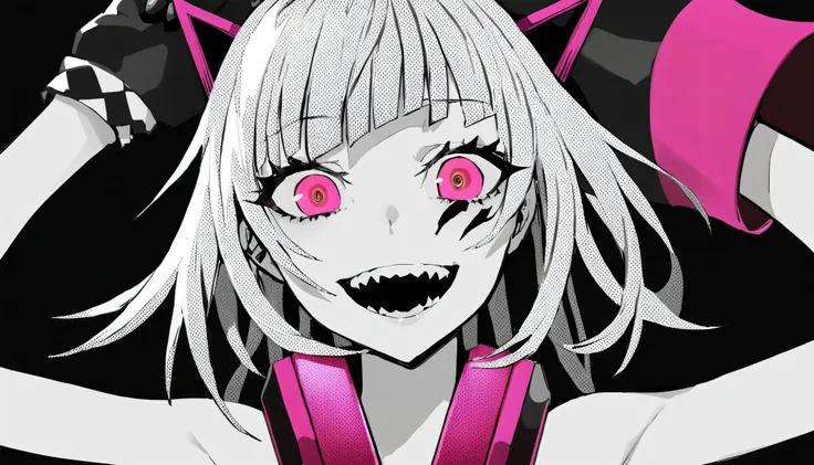 ((background is a nightclub))、masterpiece, Highest Quality, ((1 girl:The arrangement is centered)), (((background is a nightclub))、Spikes, ((solo)), headphones , Crazy smile, , spiked Color, Illness、monochrome, 色つきのheadphones around neck,yandere, Black ba...