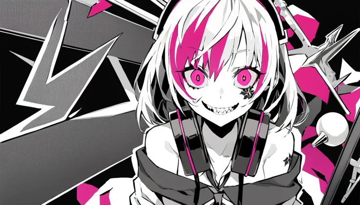 ((background is a school classroom))、masterpiece, Highest Quality, ((1 girl:The arrangement is centered)), (((background is a school classroom))、Spikes, ((solo)), headphones , Crazy smile, , spiked Color, Illness、monochrome, 色つきのheadphones around neck,yan...