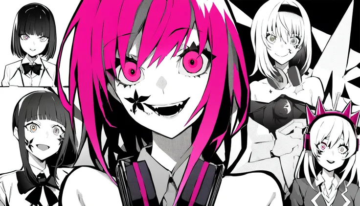 ((background is a school classroom))、masterpiece, Highest Quality, ((1 girl:The arrangement is centered)), (((background is a school classroom))、Spikes, ((solo)), headphones , Crazy smile, , spiked Color, Illness、monochrome, 色つきのheadphones around neck,yan...