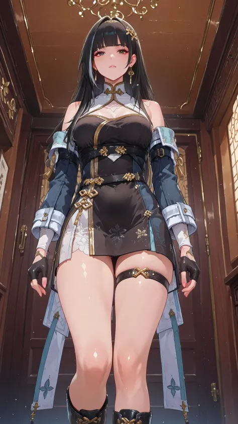 baizhi_(wuthering_waves),,long hair, black hair, breasts, gloves, hair ornament, dress, black gloves, black footwear, fingerless gloves, thigh strap, earrings, streaked hair thick thighs,,((Один)), смотрит на зрителя, ((1 девочка)), качество_шедевр, анатом...