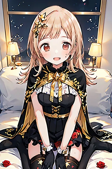 Sakuragi Mano, vampire, ((Mega Breasts)), smile, 　 Fluffy,　Healing,  best quality, masterpiece, ultra-detailed illustration follow the prompt, blush, light brown hair, outside curling hairstyle,   left-right symmetry fashion,  　(detailed eyes:1.3), (featur...