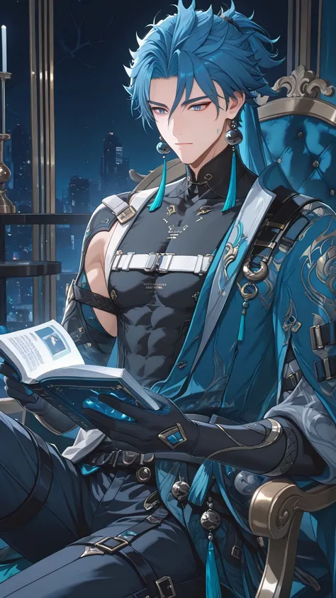 1boy, Wuthering Waves, Jiyan, wearing clothes that fit the character in the game, sitting and reading a book, delicate facial features (beautiful blue eyes)