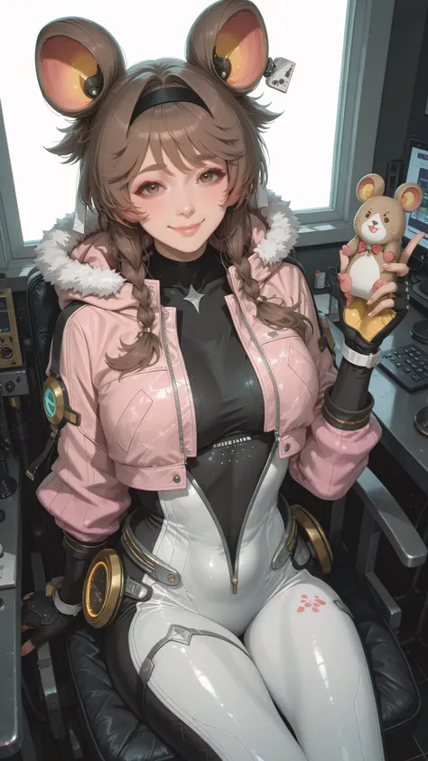 lumi_(wuthering_waves), masterpiece, realistic, 1girl, NSFW, chromatic aberration, A machine with soft toys, Trying to win a soft mouse toy, Focused look, legs, Happy facial expression, fingerless gloves, smile, fur trimmed jacket,mouse ears,brown hair,whi...