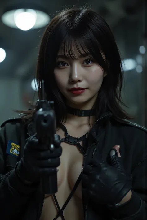 (((The pitch-dark interior of the Nostromo ship:2.0))),(((HR Gigger Style Cyberpunk Atmosphere:2.0))),(((Holds a Colt Government-style laser gun:2.0))),((pointing the muzzle at the viewer:2.0)),one woman,(cute face:1.5),(Beautiful well-balanced face :1.7),...