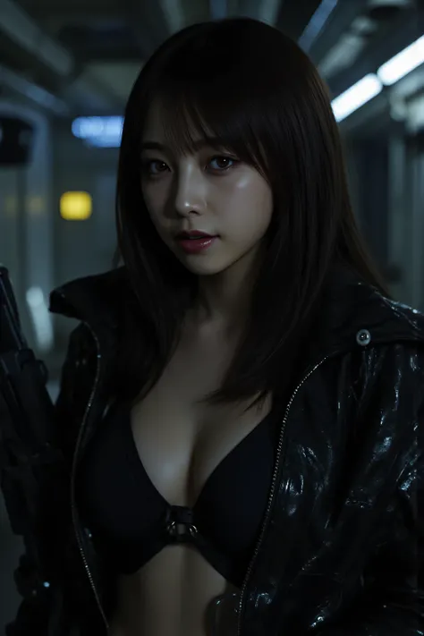 (((The pitch-dark interior of the Nostromo ship:2.0))),(((HR Gigger Style Cyberpunk Atmosphere:2.0))),one woman,(cute face:1.5),(Beautiful well-balanced face :1.7),((wavy black hair:2.0)),(beautiful eyes:1.3),Glamorous Shot of a 20-Year-Old Japanese Woman,...