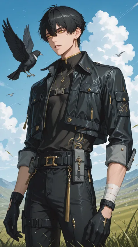 score_9, score_6_up, source_anime,RoverM, MainFit, 1boy, male focus, black gloves, blue sky, black pants, black jacket, black shirt, outdoors, black hair, short hair, grass, belt, yellow eyes, bird, hair between eyes, cloud, bandages, standing, parted lips...