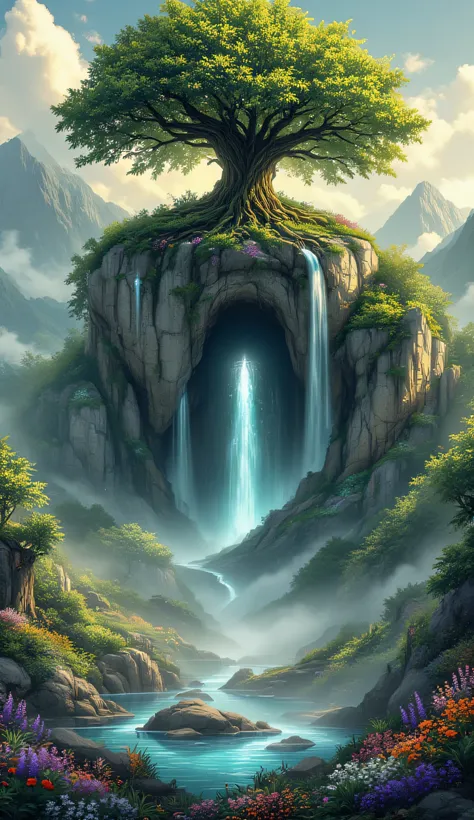 A breathtaking natural wonder captured in stunning 8K detail: an ancient colossal tree perched atop a massive limestone formation dominates the landscape with its impossible scale and unique features. The tree's enormous trunk—wider than a house—has develo...