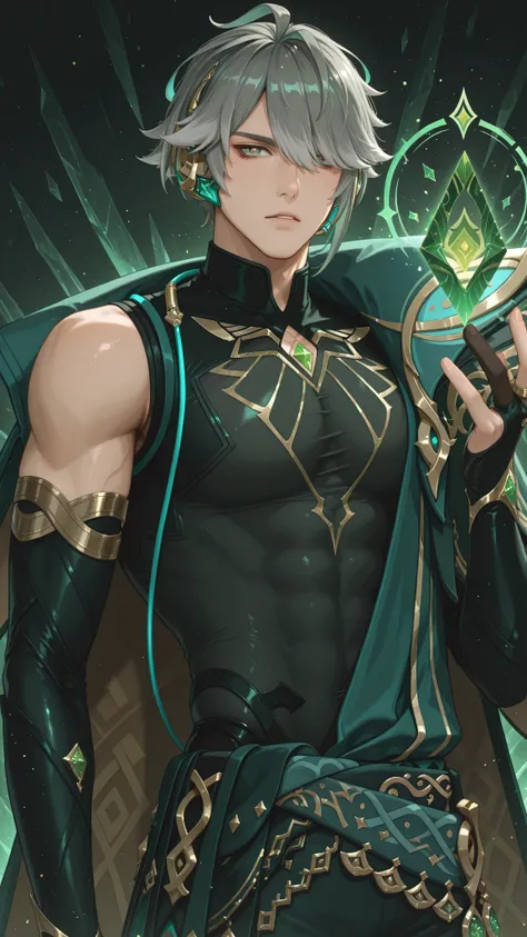 masterpiece, best quality, 
Alhaitham, 1boy, male focus, solo, green eyes, grey hair, streaked hair, short hair, ahoge, swept bangs, hair over one eye, headphones, shirt, black shirt, sleeveless shirt, compression shirt, jewelry, chest jewel, gem, green ge...