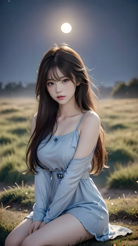 1 girl, 19 years old, ((city in Vietnam)), dark brown hair, purple eyes, hair ornament, ((cowboy photo)), ((Woman sitting alone on grass field at night, hugging knees, long shadow cast by moonlight, reaching hand toward the moon, emotional, melancholy mood...